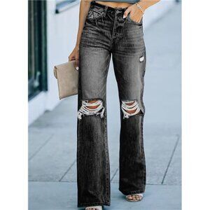 Black Wash Ripped Distressed High Waist Flare Jeans Wide Leg Straight Denim Jean